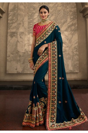 Teal silk saree with blouse 9025