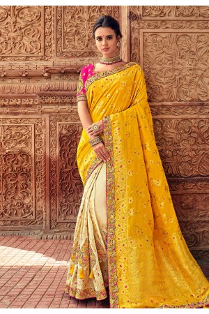 Yellow banarasi silk half and half saree 2805