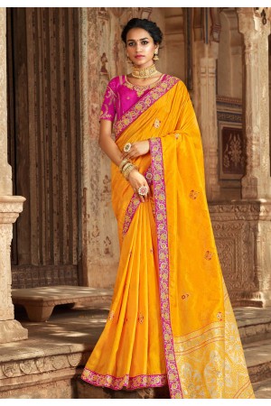 Yellow banarasi silk saree with blouse 77435