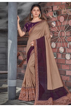 Beige tussar silk embroidered saree with blouse 41114