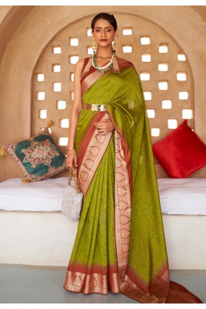 Green silk printed saree with blouse 382