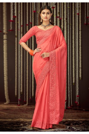 Peach organza embroidered saree with blouse 19005