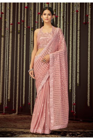 Pink georgette sequence saree with blouse 19004