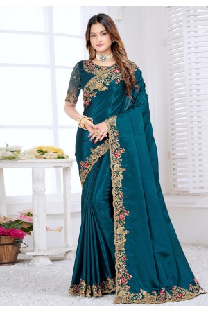Teal silk plain saree with designer blouse 5902