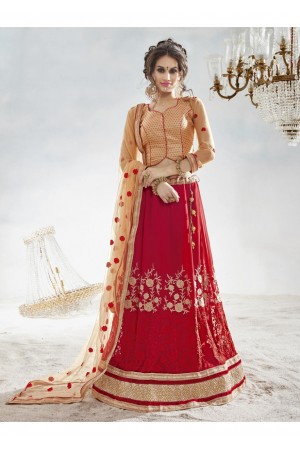 Red Colored Embroidered Faux Georgette Festival Lehenga Choli 82020