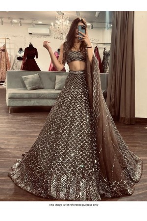 Bollywood Model Brown Net sequins work lehenga
