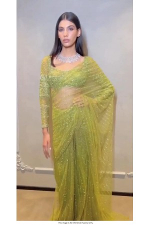 Bollywood model Parrot green net sequins saree