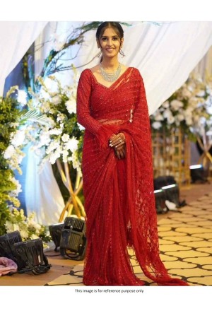 Bollywood model net Red fancy work wedding saree