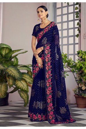 Georgette Saree with blouse in Navy blue colour 1361