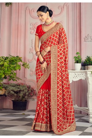 Georgette Saree with blouse in Red colour 1363