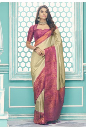 Silk Saree with blouse in Beige colour 14009