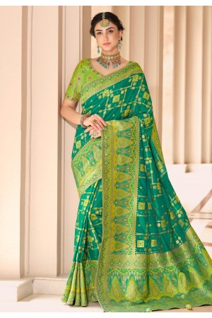 Silk Saree with blouse in Green colour 13407