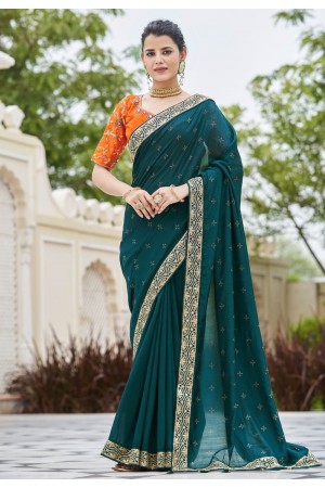 Silk Saree with blouse in Teal colour 5417