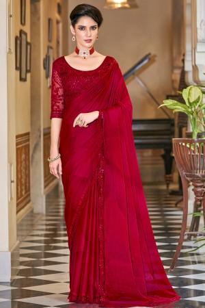 Scarlet red Silk Saree with blouse
