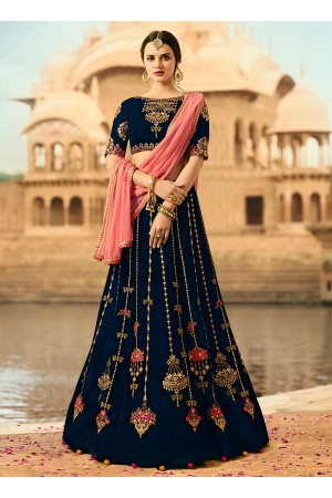 Navy blue and pink velvet wedding lehenga choli