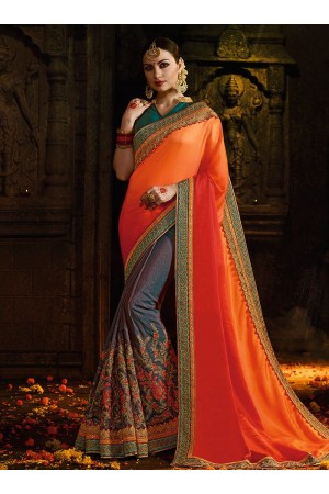 Orange and blue silk designer party wear saree