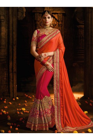 Orange and pink barfi silk designer party wear saree