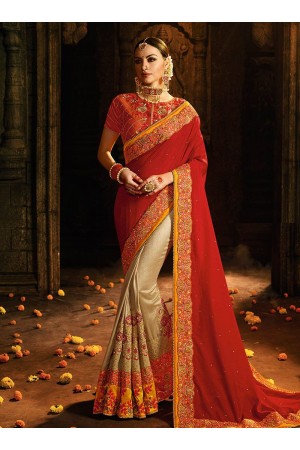 Red and Beige Barfi silk designer party wear saree