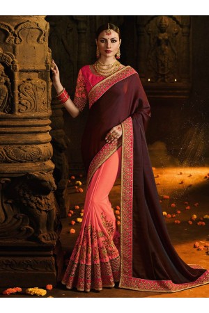 Wine and pink barfi silk designer party wear saree