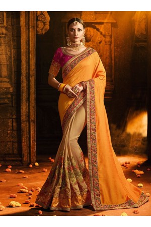 Yellow beige and red silk designer party wear saree
