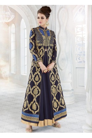 Navy blue color georgette wedding ghaghara and pant style 2 in 1 suit