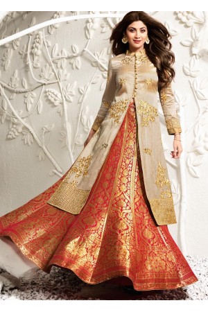 Shilpa shetty  golden beige and red color raw silk lehenga kameez