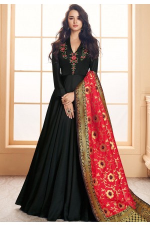 black satin long embroidered gown style suit 5021