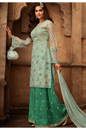 blue green georgette satin embroidered sharara style pakistani suit 29002
