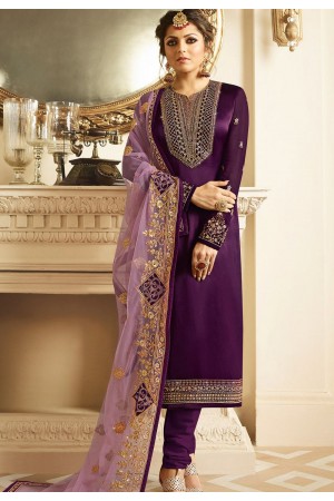 drashti dhami purple satin georgette embroidered churidar suit 3206
