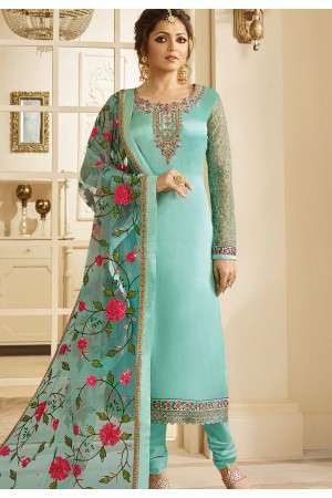 drashti dhami sky blue satin georgette embroidered churidar suit 3201