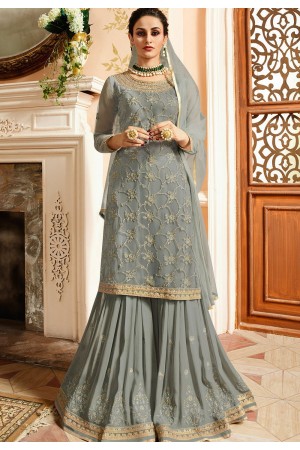 grey satin net embroidered sharara style heavy pakistani suit 15306