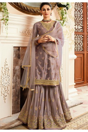 grey satin net embroidered sharara style pakistani suit 15301