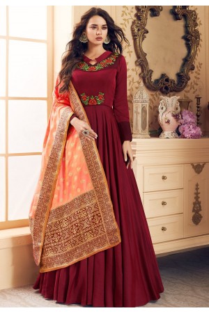 maroon satin long embroidered gown style suit 5020