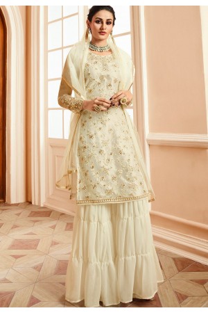 off white satin net embroidered sharara style pakistani suit 15304
