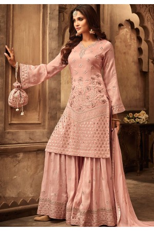 peach georgette satin heavy embroidered sharara style pakistani suit 29001