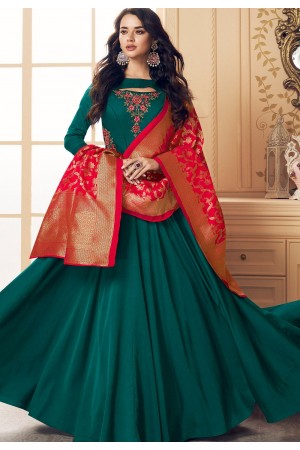 turquoise satin long embroidered gown style suit 5018