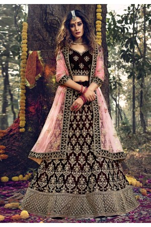 Maroon velvet bridal lehenga choli 3703