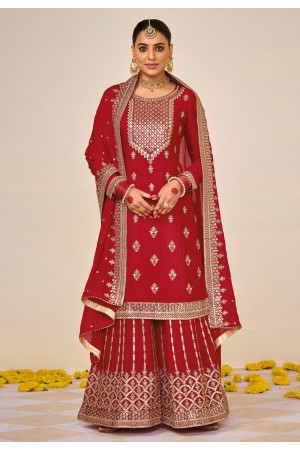 Red faux georgette palazzo suit 1499A