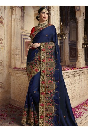 Navy blue and red barfi silk Indian wedding Saree