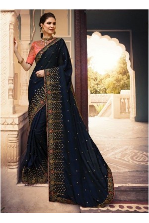 Navy blue and peach Barfi silk Indian designer Saree
