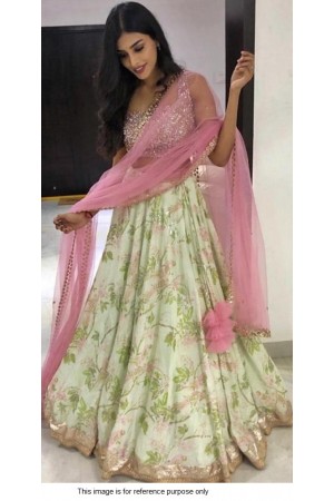 Bollywood Model Light green and Pink Banarasi satin lehenga
