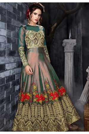 Green silk wedding anarkali 7012