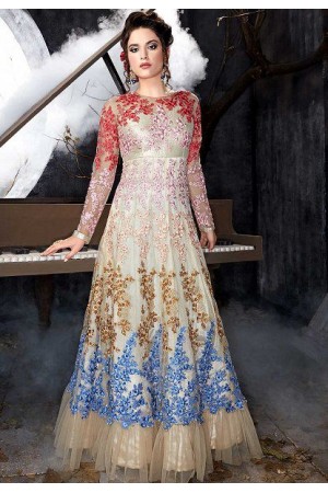 White multi color net wedding anarkali 7014