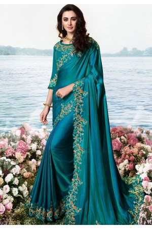 blue satin silk heavy embroidered saree 6202
