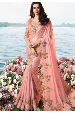 pink satin silk heavy embroidered saree 6201