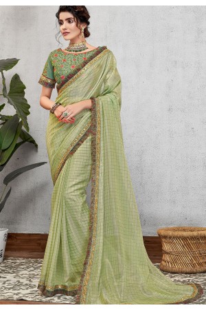 pista green silk georgette embroidered wedding saree 11411