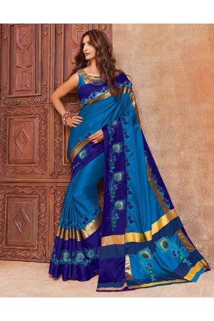 Aangi Mayura Ananda Blue Wedding Wear Cotton Saree