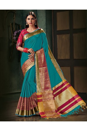 Amani Aqua Blue Wedding Wear Cotton Saree