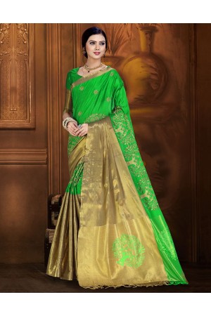 Aryaa Aabha Lush Green Festive Wear Cotton Saree