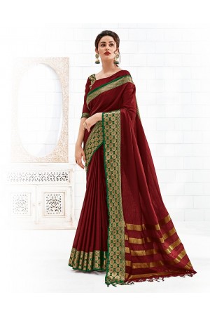 Bavitha Currant Red Festive Wear Cotton Saree